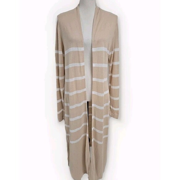 Max Studio Sweaters - Max Studio Duster Long Cardigan Linen Blend White Tan Striped Women’s Size XL